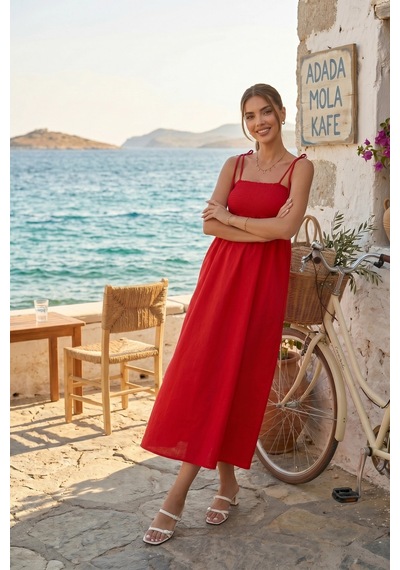 Pastelastore Kırmızı Uzun Pamuklu Astarsız Yaz Elbisesi Askılı
