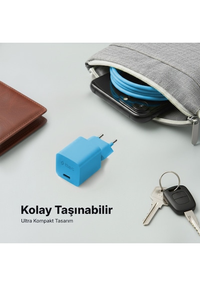 Ttec Smartcharger Gan 20W PD Seyahat Hızlı Şarj Aleti + USB-C - Lightning 120 CM Kablo Neon Mavi