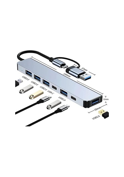 Çoklayıcı Adaptör 7in1 Usb/type-c To Usb A, Usb C Macbook Uyumlu Çevirici Adaptör Çok Portlu Çoklayıcı 7 İn 1 Usb Hub Gri