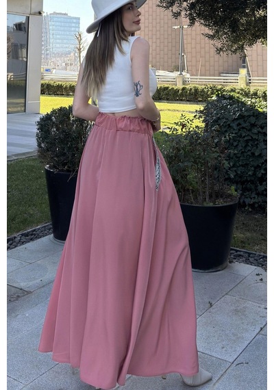 WeShaya Kadın Pembe Beli Lastikli, Cepleri Hasır İşlemeli, Rahat Kesim, Uzun Kiloş Etek Pembe