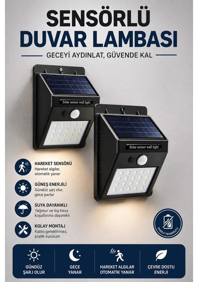 Mey İthalat Solar Sensörlü Duvar Lambası Bahçe Lamba 20 Led Işık Çok Renkli