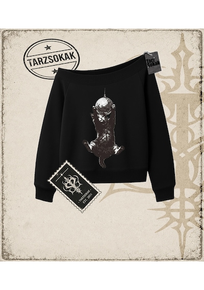 Tarzsokak Gotik & Grunge Streetwear Cat Retro 6 Kayık Yaka Sweatshirt Siyah