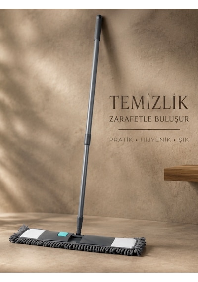 Mikrofiber Paspas Makarna Mop Seti Saplı Toz Ve Islak Zemin Temizleme Aparatı Vıchy-7028 50 Cm