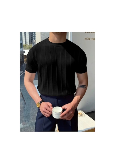 Tarz Cool Erkek Slim Dar Bisiklet Yaka Düz Triko T-shirt Siyah