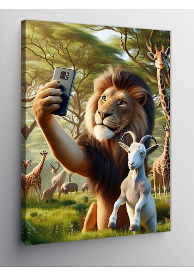 Kanvas Tablo Selfie Yapan Keçi Ve Aslan 70cmx100cm
