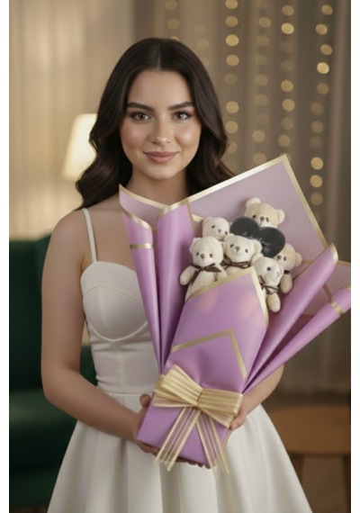 Sole Premium Sevgiliye Özel Mesajlı Kalp Aynalı 6 Lı Lila Yumoş Peluş Ayıcık Buketi