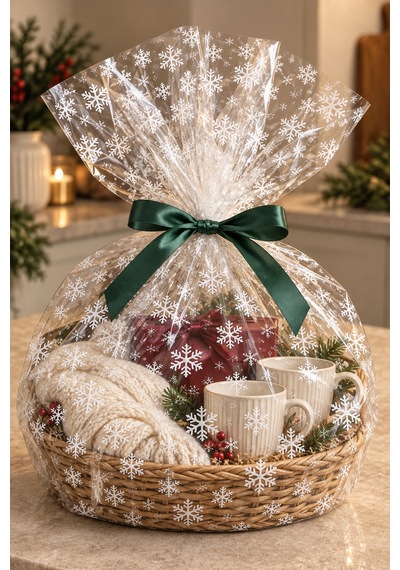 Yılbaşı Kar Tanesi Baskılı Şeffaf Jelatin, 2li Paket, 100x130 Cm, Yeniyıl Hediye Paketleme Jelatini