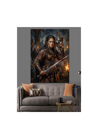Kılıçlı Ve Zırhlı Savaşçı Kadın Yağlı Boya Dokulu Kanvas Tablo Canvas Tablosu