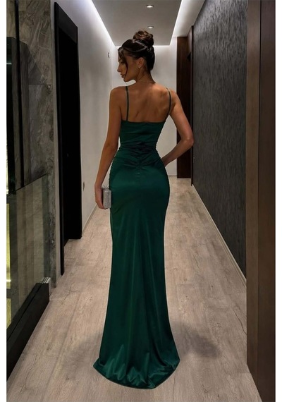 Lior Design Kadın Şık Saten Kumaş V Yaka Yırtmaçlı Askılı Abiye Elbise Zümrüt