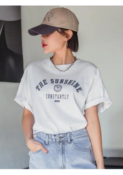 Flood Of Style Kadın Beyaz The Sunshine Baskılı Bisiklet Yaka Oversize T-shirt