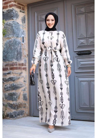 Hira Life Fashion Kadın Tesettür Geometrik Desen Önü Düğmeli Ve Bel Kuşaklı Viskon Elbise Beyaz Beyaz Hira Life Fashion Kadın Tesettür Geometrik Desen Önü Düğmeli Ve Bel Kuşaklı Viskon Elbise Beyaz Beyaz