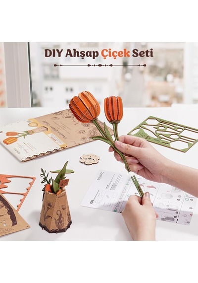 Rowood Tw081 Lale Çiçeği Orange Tulip Dıy Minyatür Maket Model Seti Ahşap 3d Wooden Puzzle 3d Model Kit Ahşap Maket Dekoratif Hobi Seti
