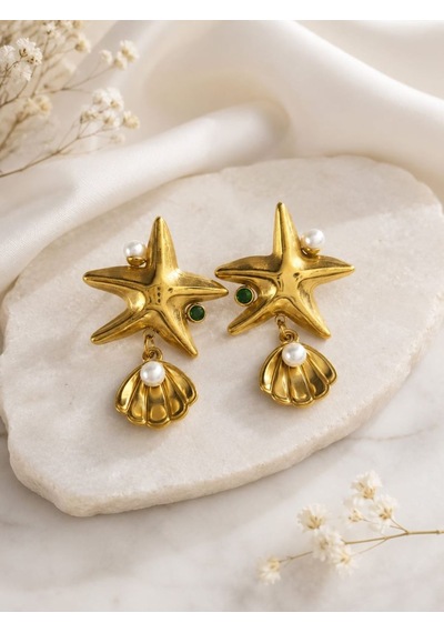 Cm Jewelry İnci Detaylı Deniz Yıldızı Ve Deniz Kabuğu Gold Çelik Küpe Altın