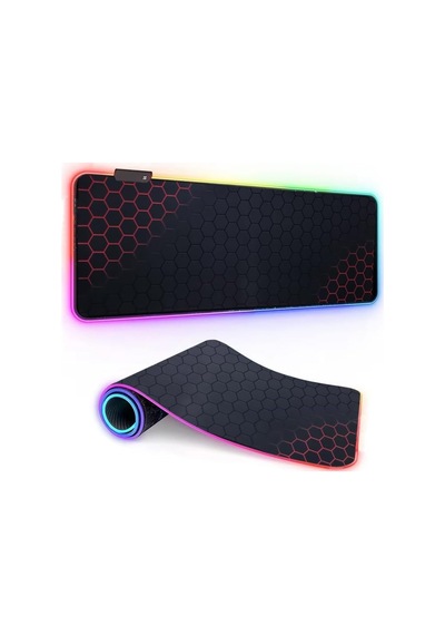 Coverzone Büyük Oyuncu Rgb Mousepad Ve Klavye Pad Kırmızı Altıgen Desenli Red Hex Tasarım Işıklı 70cm X 30cm M