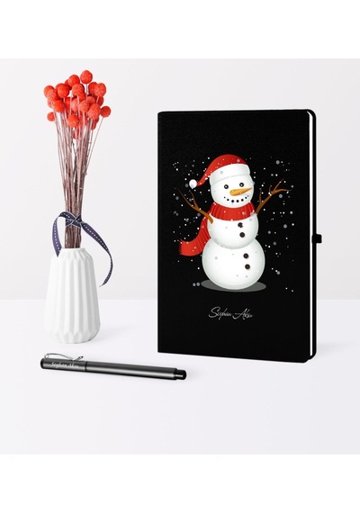 Kişiye Özel Yılbaşı Kardan Adam Temalı Siyah Defter Kalem Seti - 2