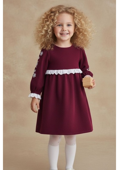 Mnk Baby & Kids Fisto Detaylı Kollar Nakışlı Otantik Kız Çocuk Elbise M00795 Bordo