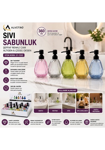 Alvetro Alv-03 Sıvı Sabunluk 360ml Altıgen Çizgili Desen Şeffaf Renkli Cam - 12'li Paket Diğer
