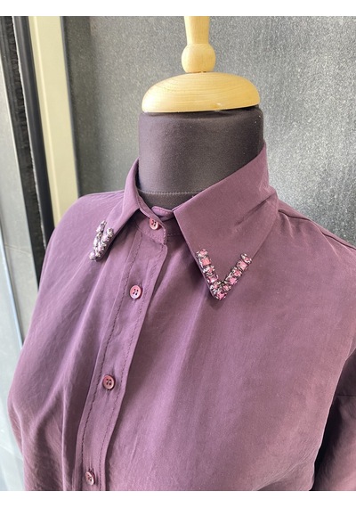 Pera Moda Yakası Taşlı Modal Kumaş Oversize Kadın Gömleği Mürdüm