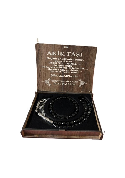 Akik Taşı Tesbih & Bileklik Seti Özel Tasarım Siyah