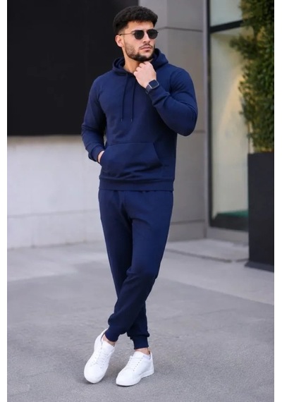 Defymoda Erkek İki İplik Kapüşonlu Kanguru Cepli Sweatshirt Jogger Pantolon Alt Üst Eşofman Takımı - Lacivert
