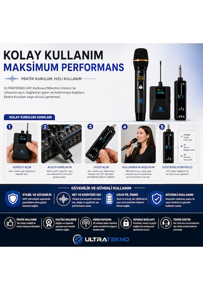 Ultratekno Uhf Kablosuz Mikrofon Seti El Yaka Çene Mikrofonlu 6.5 Mm Alıcılı 3.5 Mm Çeviricili Şarjlı Profesyonel Ses Sistemi