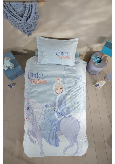 Clasy Ranforce Tek Kişilik Nevresim Takımı Winter Princess V1 Turkuaz Çok Renkli