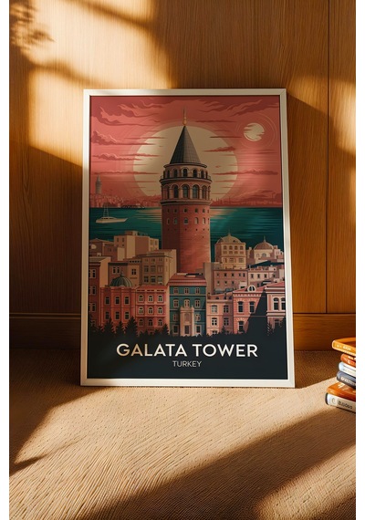 İstanbul Galata Kulesi Tablo - Retro Travel Poster - Şehir Serisi Duvar Dekoru - Çerçeveli Poster Beyaz