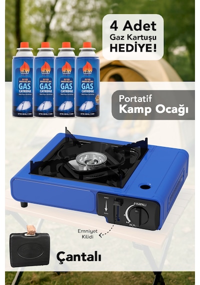 Portatif Kamp Ocağı - Taşıma Çantalı Gazlı Stop Emniyetli Mavi Kamp Ocağı Ve 4 Adet 227 Gr Kartuş Mavi