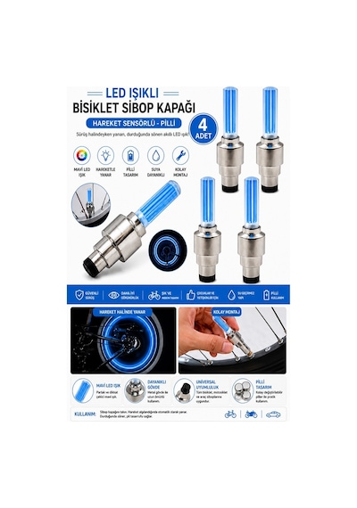 Işıklı Sibop Kapağı 4 Lü 1 Paket Fotosel Haraket Sensörlü Led Işık Bisiklet Araba Motor Tekerlek Lastik Mavi