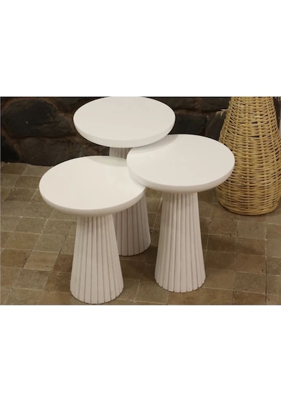 Simillo Wood Wooden Mat Beyaz 3 Lü Set Mantar Yan Sehpa Fiskos Çiçeklik Decorative Beyaz