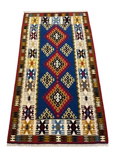 El Dokuma Sıfır Yahyalı Kilimi 110x200 Kök Boya Mavi Kahve %100 Yün Kilim Renkli