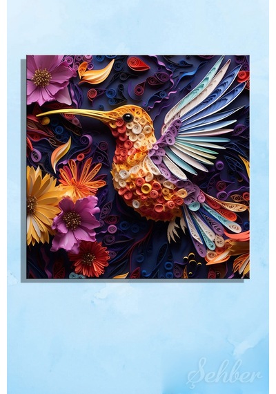 Dekoratif Kare Kanvas Tablo Tekli Ev Kafe Ofis Quilling Sanatı Renkli Sinek Kuşu Tasviri 2003