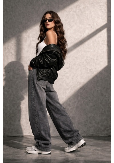 St.poll Y2k Vintage Eskitme Füme Unisex Baggy Jean Pantolon Gri