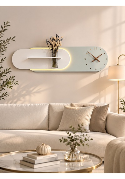 Kardelen Ahşap Pilli Ledli İskandinav Tarzı Salon Duvar Rafı Modern Çiçeklik 112 X 28 Cm Paris Grisi - Yeşil