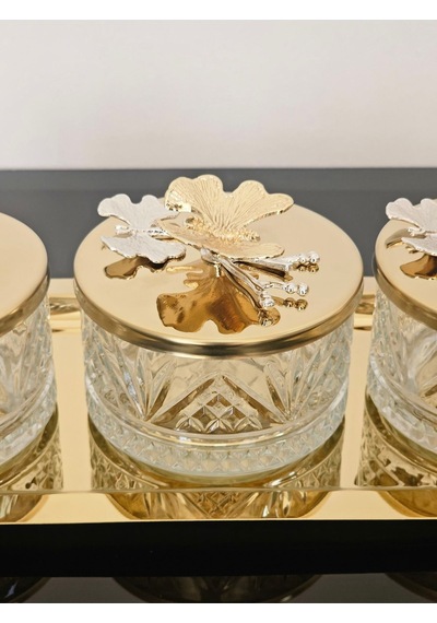 Atabey Home Collection 3'lü Kelebekli Gold Tepsili Kase Seti & Şekerlik & Sunumluk & Çerezlik