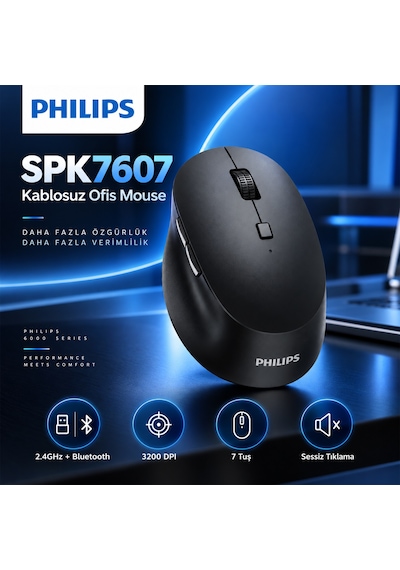 Philips SPK7607 Kablosuz 2.4GHz + Bluetooth 3200 DPI 7 Tuşlu Sessiz Mouse