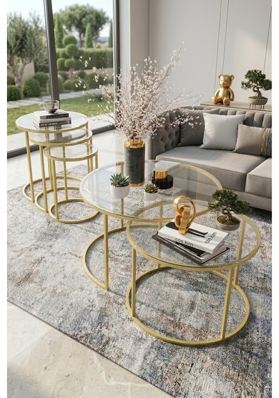 Milas Orta Ve Zigon Sehpa Seti Ø60-47 Mat Gold Metal, Temperli Şeffaf Cam Eskitme Bronz Milas Orta Ve Zigon Sehpa Seti Ø60-47 Mat Gold Metal, Temperli Şeffaf Cam Eskitme Bronz