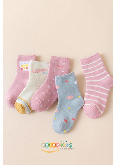 Color Socks 5 Çift Puantiyeli Desenli Kız Çocuk İçi Polarlı Kışlık Çorap Çok Renkli