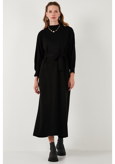 Lela Modest Relaxed Fit Bisiklet Yaka Triko Bayan Elbise 4616198 Siyah