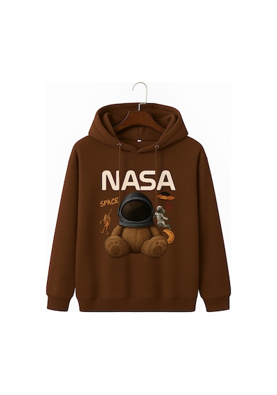 Kokina 3 İplik Penye Unisex Nasa Ayıcık Baskılı Kapüşonlu Sweatshirt Kahverengi