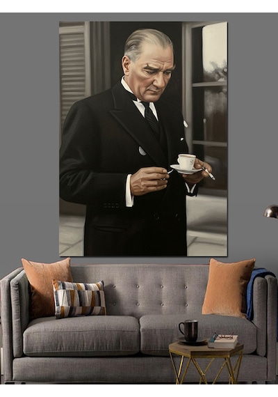 Kahve İçen Atatürk Fotoğrafı Dekoratif Kanvas - Mdf Ahşap Tablo