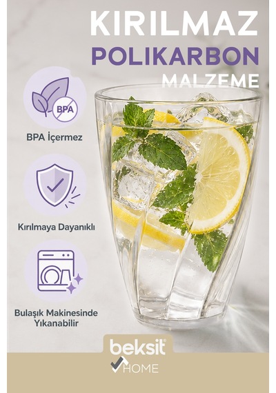 Home Glassy Kırılmaz Polikarbon 6'lı Bardak Şeffaf 400 Ml Şeffaf Şeffaf
