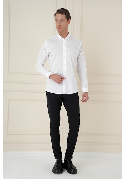 Efor Slim Fit Düğmeli Yaka Esnek Klasik Beyaz Gömlek Gk 746 Beyaz