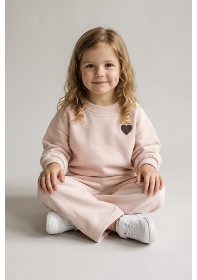 Zuzunga Kalp Nakış 3 İplik Fırçalı Kumaş Sweatshirt Eşofman Alt Üst Takım Pembe