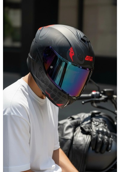 Gıvı 50.x Bones Kırmızı  1 Renkli 1 Şeffaf Vizörlü Motosiklet Kask İridyum Vizör + Şeffaf
