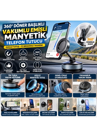 Gees Global 360 Döner Başlıklı Vakumlu Emişli Manyetik Telefon Tutucu Güçlü Mıknatıslı, İz Bırakmaz Gbzs Standart