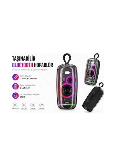 Linktech Şeffaf Bluetooth Hoparlör - Linktech R116 Şeffaf Tasarım Ipx5 Sertifikalı Rgb Işıklı Blueto