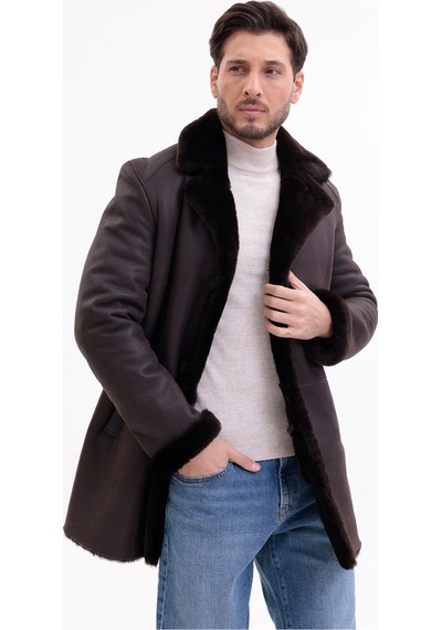 M M Marki Marki Hakiki Deri Erkek Kaban Kahverengi İçi Kürklü Düğmeli Premium 85 Cm - 500522