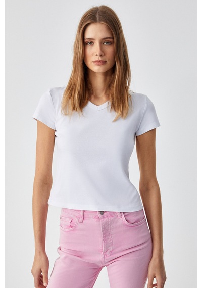 ETHIQUET ASROUTI Kadın Slim Kısa V Yaka Kısa Kol Beyaz T-Shirt