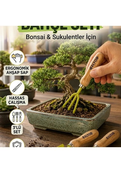 Mini Saksı Ve Bonsai Bahçe El Aletleri Seti Ergonomik Ahşap Saplı